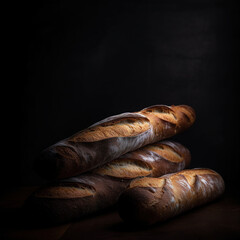 Two sliced baguettes on a black background,Generative AI. High quality photo