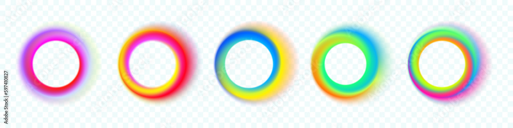 Poster Color gradient circles, neon light abstract shapes with color gradation, vector transparent background. Logo template with color blend mesh of chromatic gradient flow