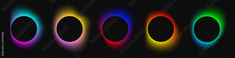 Poster color gradient circles, abstract neon light shape with color gradation on vector black background. c