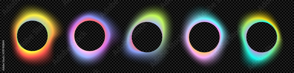 Poster Color gradient circle backgrounds, abstract neon light shape with color gradation on vector black. Color blend mesh of holographic dynamic gradient flow or chromatic radiant transition. Logo template