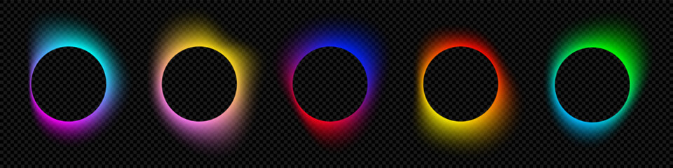 Color gradient circles, abstract neon light shape with color gradation on vector black background. Color blend mesh of chromatic gradient flow. Logo template