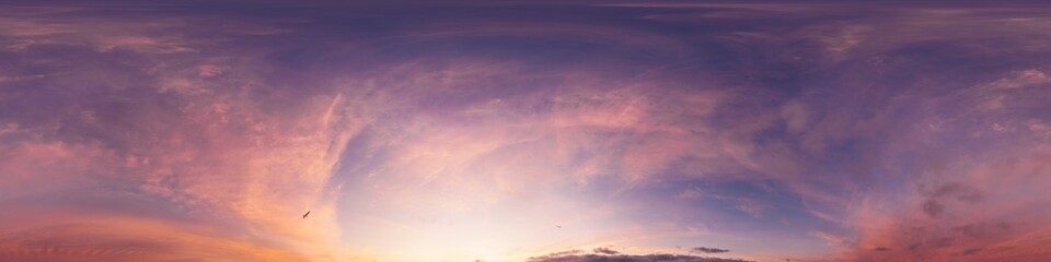Bright sunset sky panorama with glowing red pink Cumulus clouds. HDR 360 seamless spherical panorama. Sky dome or zenith in 3D, sky replacement for aerial drone panoramas. Climate and weather change.