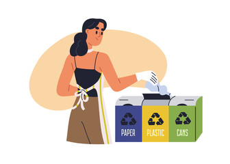 Garbage, trash sorting concept. Person throwing, utilizing plastic bottle into rubbish container, dustbin. Woman separating waste, refuse. Flat graphic vector illustration isolated on white background
