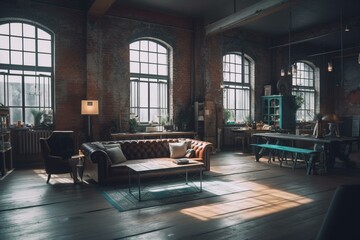 Fototapeta na wymiar Vintage brick loft interior panorama. Generative AI