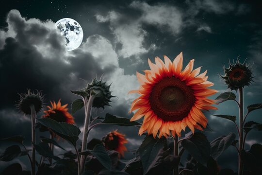 Vibrant Sunflower & Poppy Surrounded By Ethereal Clouds & Moon. Generative AI