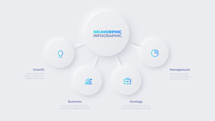 Light neumorphic infographic flowchart design template. Business data visualization with 4 options