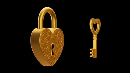 Golden heart shape padlock with golden key rotating animation on black screen for chroma key. Game object. 4K 3D seamless loop animation - Powered by Adobe