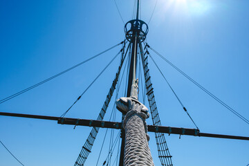 Ropes and rigging of an old caravel, ship of medieval explorers.