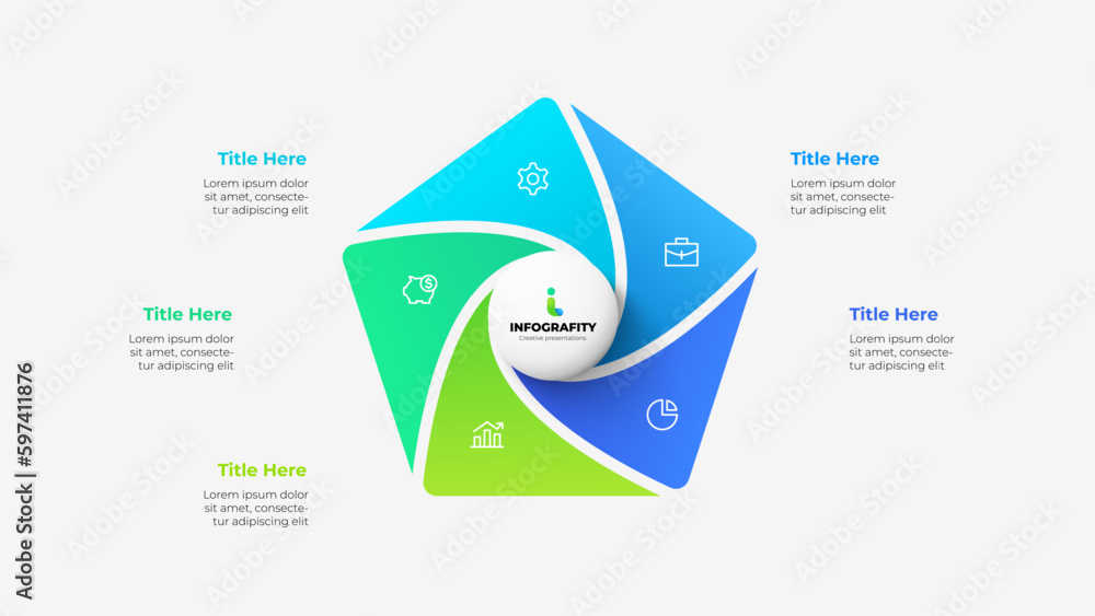 Poster pentagon divided into 5 parts with central circle. design concept of five steps or parts of business