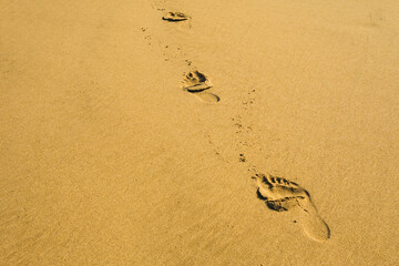 Fototapeta na wymiar Footprints of bare feet on the sand on the beach.