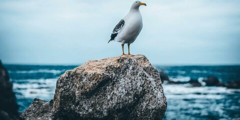 A seagull standing on a rock near the ocean - generative AI
