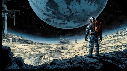 Fototapeta na wymiar A lone astronaut stands on a desolate planet, staring up at the night sky. Illustration in a comic book style, with bold colors and dramatic lighting. Generative AI