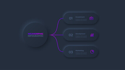 Dark neumorphic infographic flowchart design template. Business data visualization with 3 options