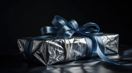 Sophisticated Blue Gift Box, Adorned with Silver Ribbon, Exquisite Present, Joyous Surprise, Memorable Event Festivity, Generative AI Illustration