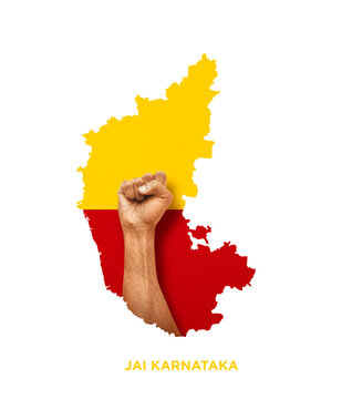 Karnataka map yellow and red flag with hand to show power of Karnataka, JAI KARNATAKA Kannada  