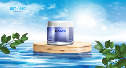 realistic cosmetic cream jar on the wooden podium.natural and beautiful water background design element. use for cosmetic product presentation ad design template.