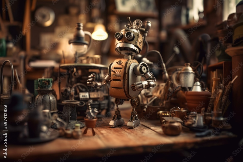 Poster a toy robot sitting on top of a wooden table. ai generative image.