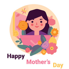 Vector flat design mother received gifts with flower and yellow background isolated on white. Happy mother's day celebrate. Best for greeting cards, banner, slide, poster and more