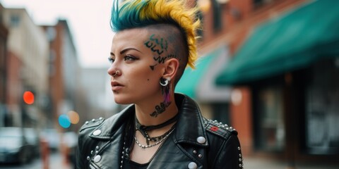 A woman with a mohawk and tattoos on her head. AI generative image. - obrazy, fototapety, plakaty