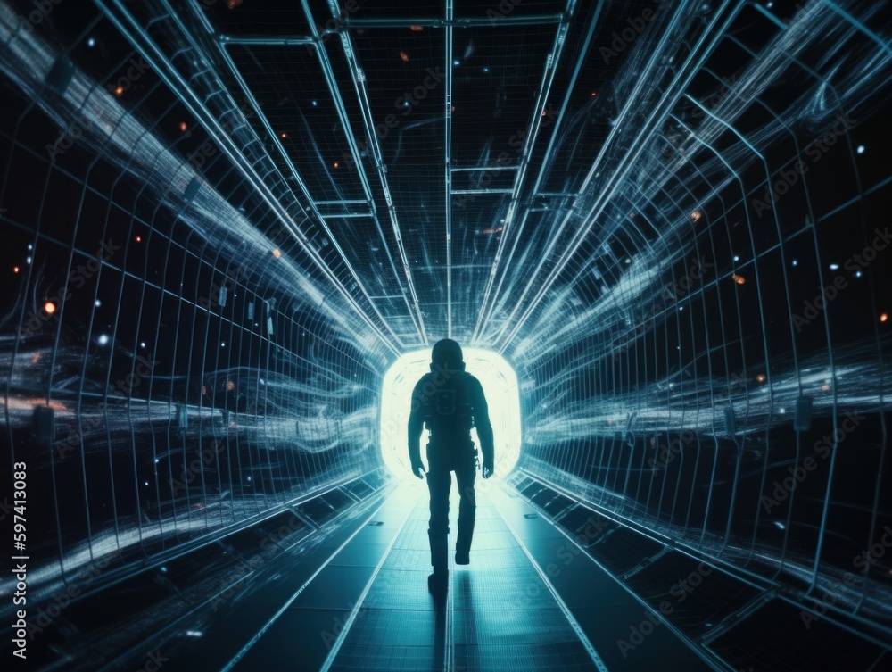 Poster a person standing in a tunnel with a light at the end. ai generative image.