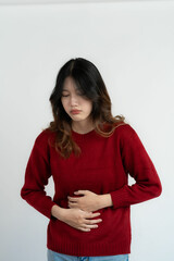 Attractive Asian beautiful woman standing on white background and doing hand gestures.