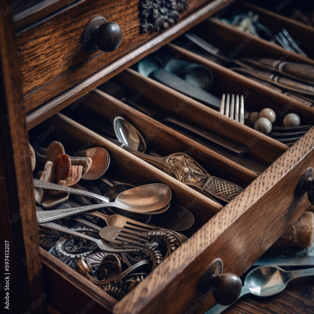Poster a drawer filled with lots of silverware. ai generative image.