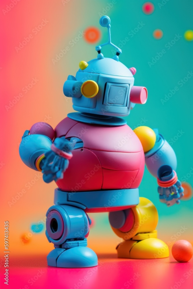 Poster a toy robot is standing in front of a colorful background. ai generative image.