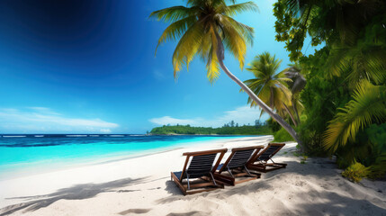 Fototapeta na wymiar Paradise Found: Relaxing on Tropical Beach Loungers - Generative AI
