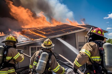 Firefighters extinguishing a house fire with solar panels on the roof, burning solar panels and firemen. Generative Ai t Generative Ai