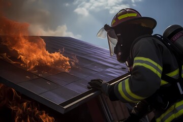 Fototapeta premium Solar panel on fire being put out by a firefighter. Significant trouble. Generative Ai t Generative Ai