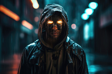 Man with robot eyes stands in a rainy city street at night