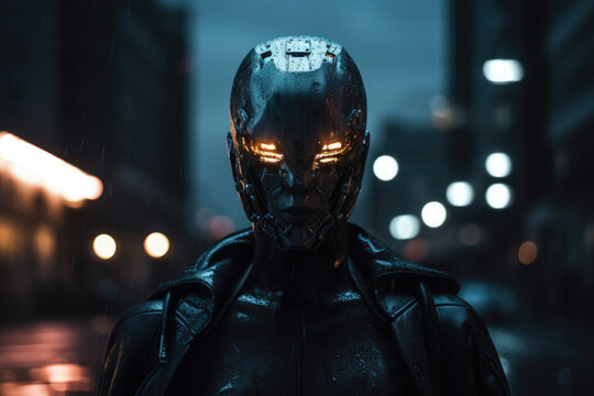 Cyborg robot stands in a city street at night