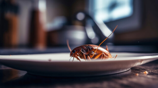 Cockroach on a plate in a kitchen - Generative AI