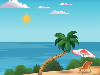 Sea view of summer tropical island nature background. Coconut trees and sun loungers on the sandy coast. Vector background.