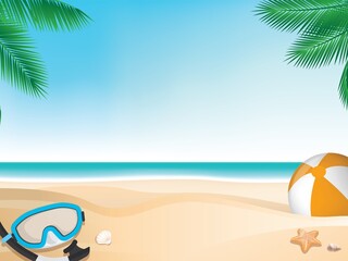 Sea view of summer tropical island nature background. Palm trees and sun loungers on the sandy coast. Vector background.