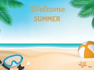 Sea view of summer tropical island nature background. Palm trees and sun loungers on the sandy coast. Vector background with Welcome summer text.