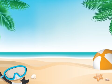 Sea view of summer tropical island nature background. Palm trees and sun loungers on the sandy coast. Vector background.