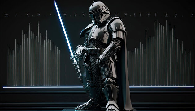 A Cyborg Holding a Futuristic Sword with Holographic Screen on Dark Background. Generative AI.
