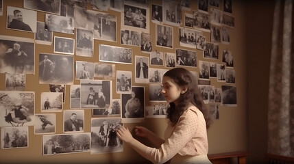 Family tree concept, dna, genes, ancestors. A woman hangs old photographs of her family on the wall. AI generated