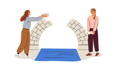 Friends building restoring relationships. Girls repairing friendship, connection at distance. Connecting, reconciling, making peace. Flat graphic vector illustration isolated on white background