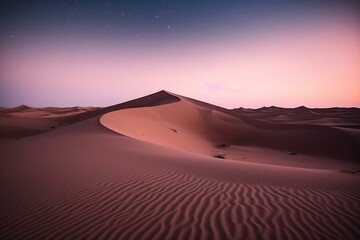 Fototapeta na wymiar Tranquil sand dunes at dusk beneath a gradient pink starry sky. Generative AI