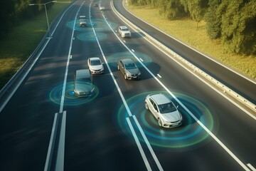 Top down drone view of autonomous car on city highway overtaking cars while AI sensors scan road ahead for vehicles and speed limits. Generative AI