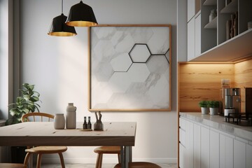 A poster frame hangs in a kitchen with hexagon marble walls and accessories. Generative AI