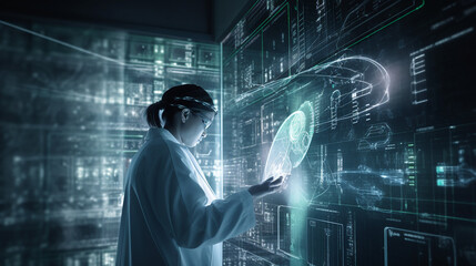 Fototapeta premium Doctor with virtual documents healthcare network connection concept, generative A
