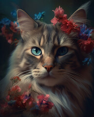 Beautuful portrait of a cat with flowers. Geaneartive Ai