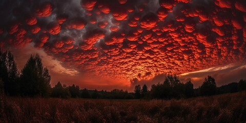 Rote furchteinflößende Mammatus Wolken am Himmel, ai generativ - obrazy, fototapety, plakaty
