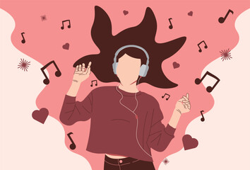 Teenager Woman Listening the Music with Headphone Flat Character suitable for background and illustration