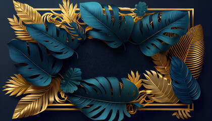 Beautiful luxury dark blue textured 3D background frame with golden and blue tropical leaves. Generative ai.