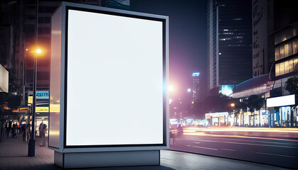 Blank white vertical digital billboard poster on city street bus stop sign at night, blurred urban background with skyscraper. Generative ai.