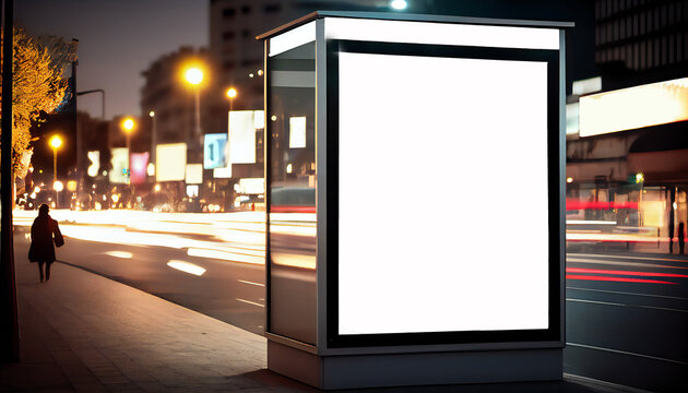 Blank white vertical digital billboard poster on city street bus stop sign at night, blurred urban background with skyscraper. Generative ai.